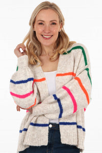 Sarta - Wool Blend Open Front Cardigan Thin Stripes in Cream