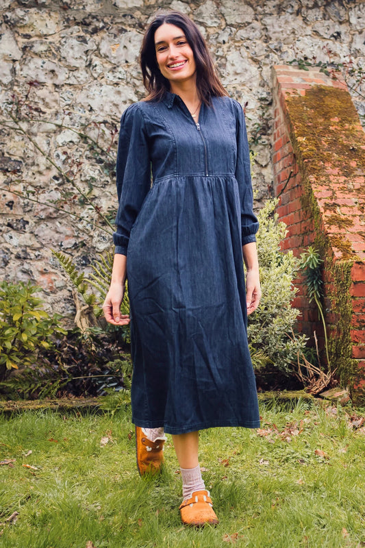 Sugarhill Brighton- Blue Denim Midi Smock Dress- Kirsty