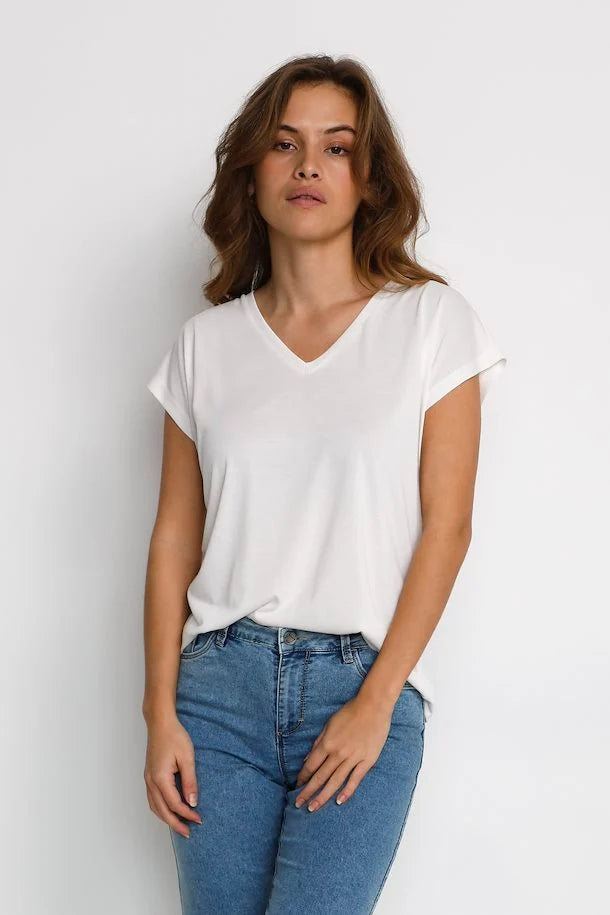 Kaffe- Cream V Neck T Shirt- Kalisse